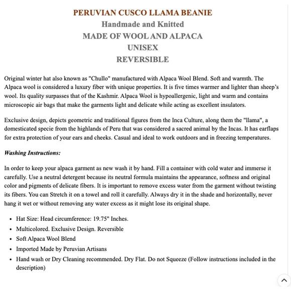 PERU Cusco Llama Reversible Wool Alpaca HANDMADE Beanie Tassel Inca Maya Aztec - Picture 2 of 15